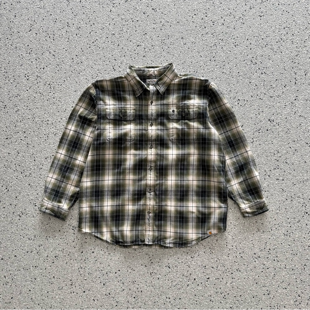 Carhartt Workwear Flannel Shirt Button-Up Long Sleeve Green Plaid Heavy Size 2XL